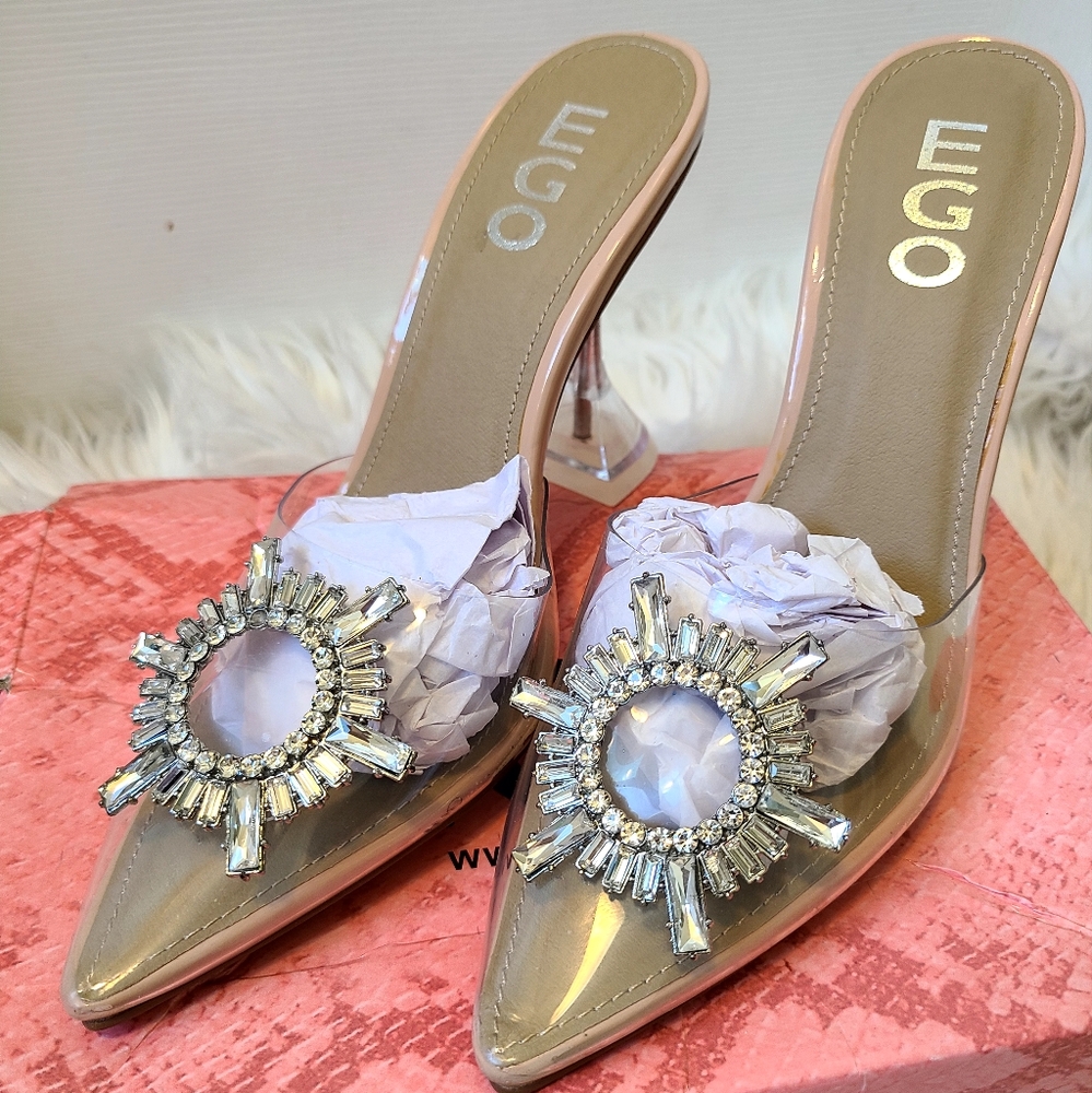 NWOT-EGO-MIDNIGHT DIAMANTE DETAIL PERSPEX CLEAR HEEL  NUDE 7